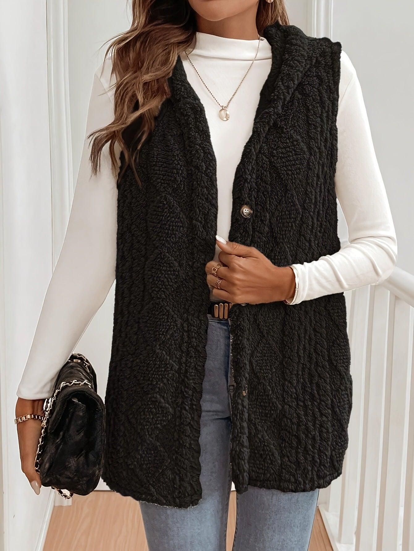 Sofie - Plush Hooded Vest for Fall & Winter with Button Closure