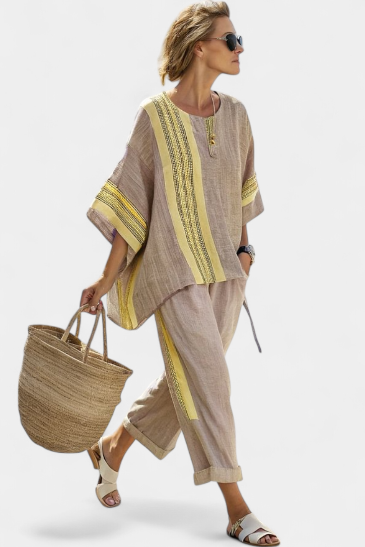 Abigail – Elegant Lavender Top and Mustard Striped Trousers