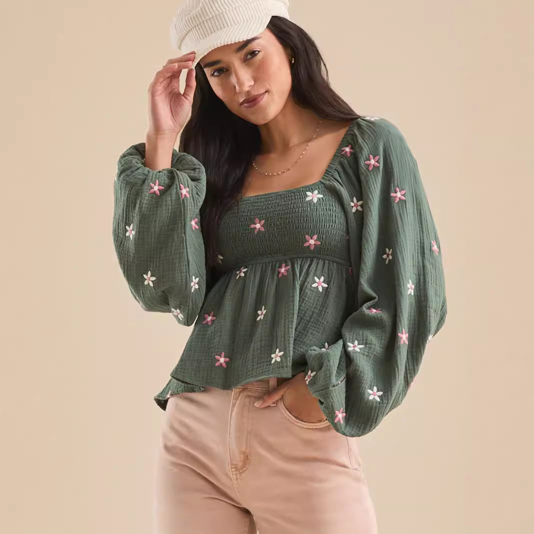 Sila - Comfy Floral Pleated Long Sleeve Top