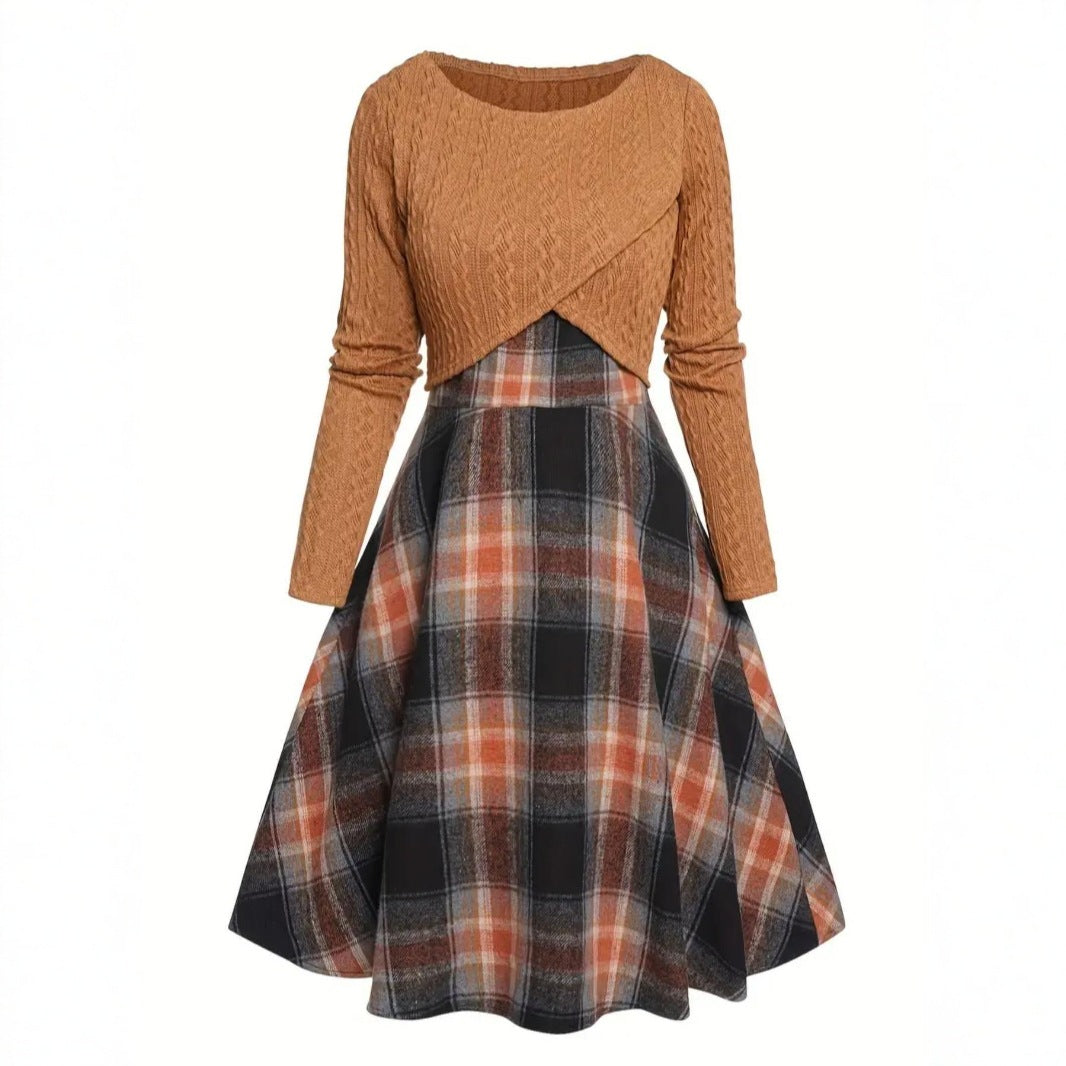 Jory - Vintage Round Neck Long Sleeve Crop Top and Plaid Dress