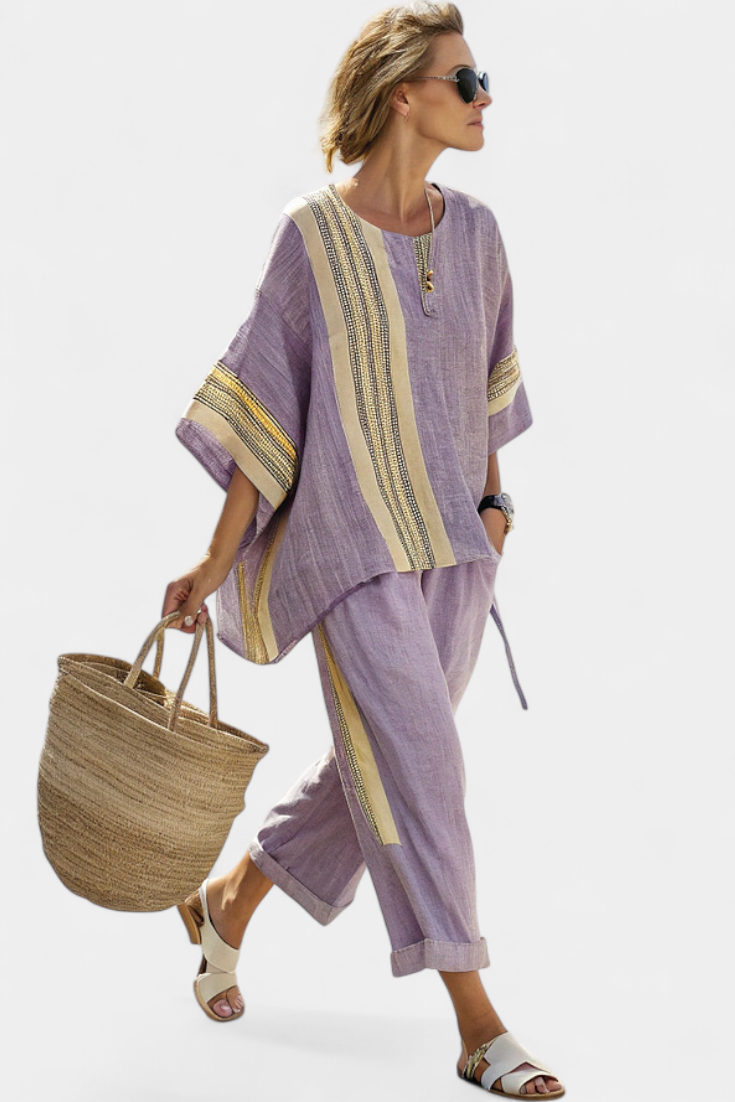 Abigail – Elegant Lavender Top and Mustard Striped Trousers