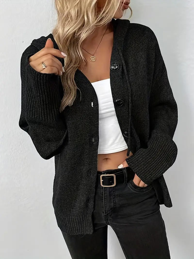 Milsa - Cozy Plain Button Front Hooded Cardigan