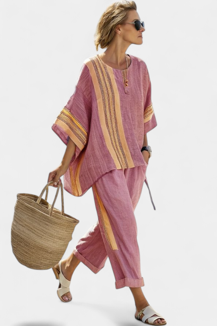 Abigail – Elegant Lavender Top and Mustard Striped Trousers