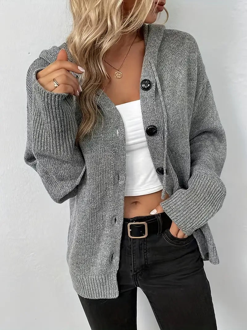 Milsa - Cozy Plain Button Front Hooded Cardigan