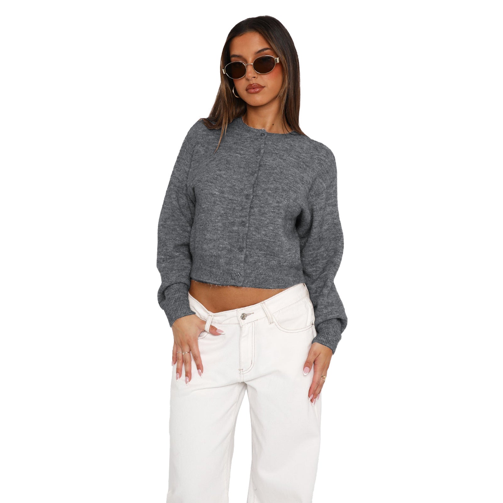 Shasa - Casual Cropped Long Sleeve Cardigan