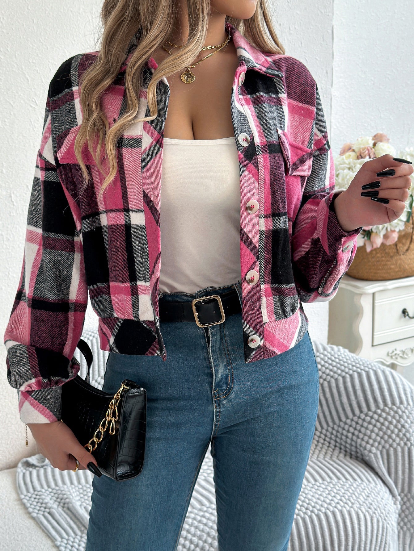 Zabel - Casual Plaid Button Front Long Sleeve Jacket