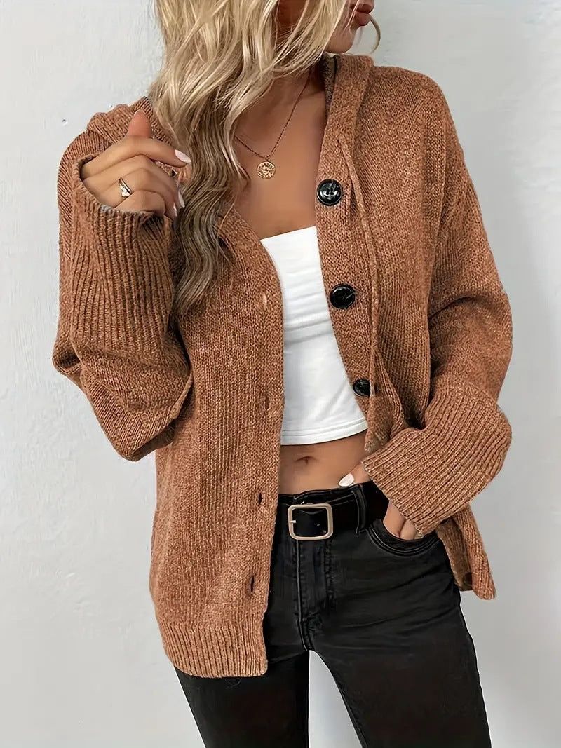 Milsa - Cozy Plain Button Front Hooded Cardigan
