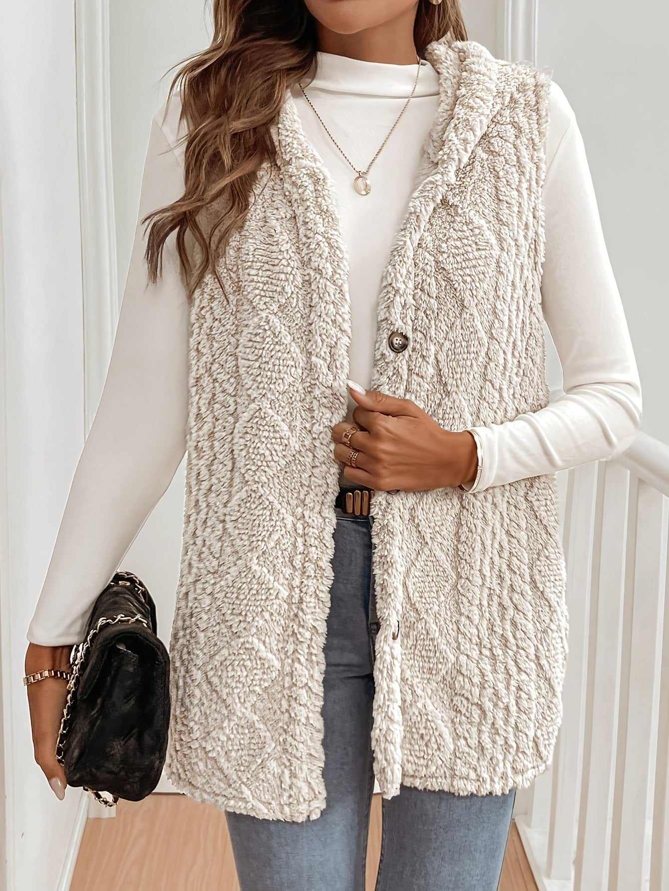 Sofie - Plush Hooded Vest for Fall & Winter with Button Closure