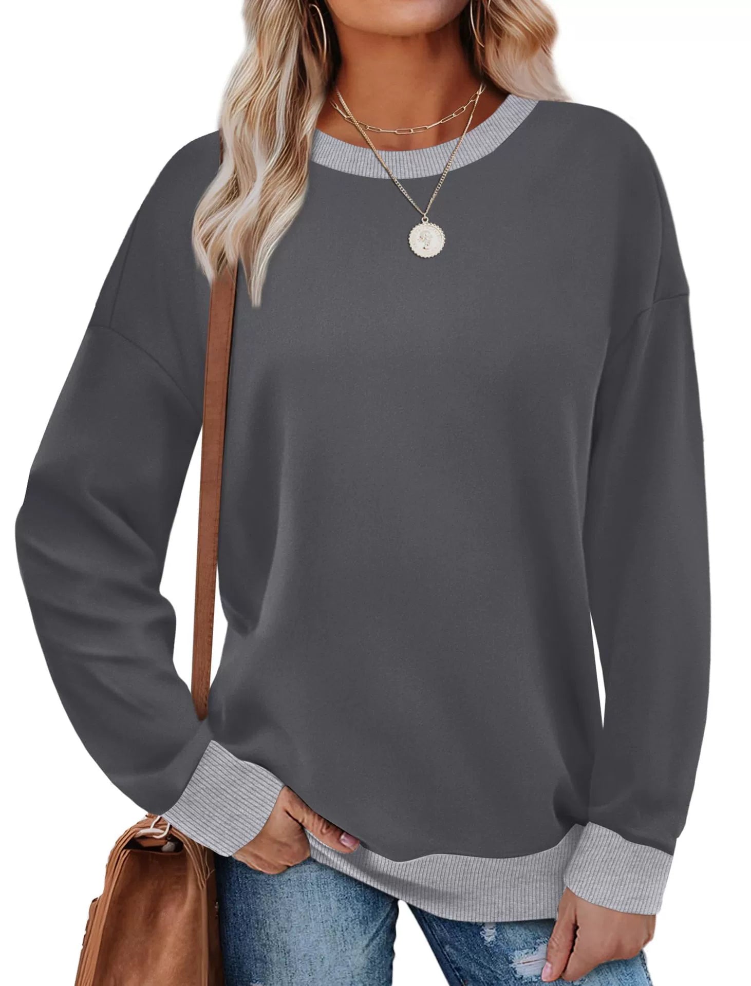Margaret - Contrast Trim Crew Neck Long Sleeve Tunic Sweatshirt