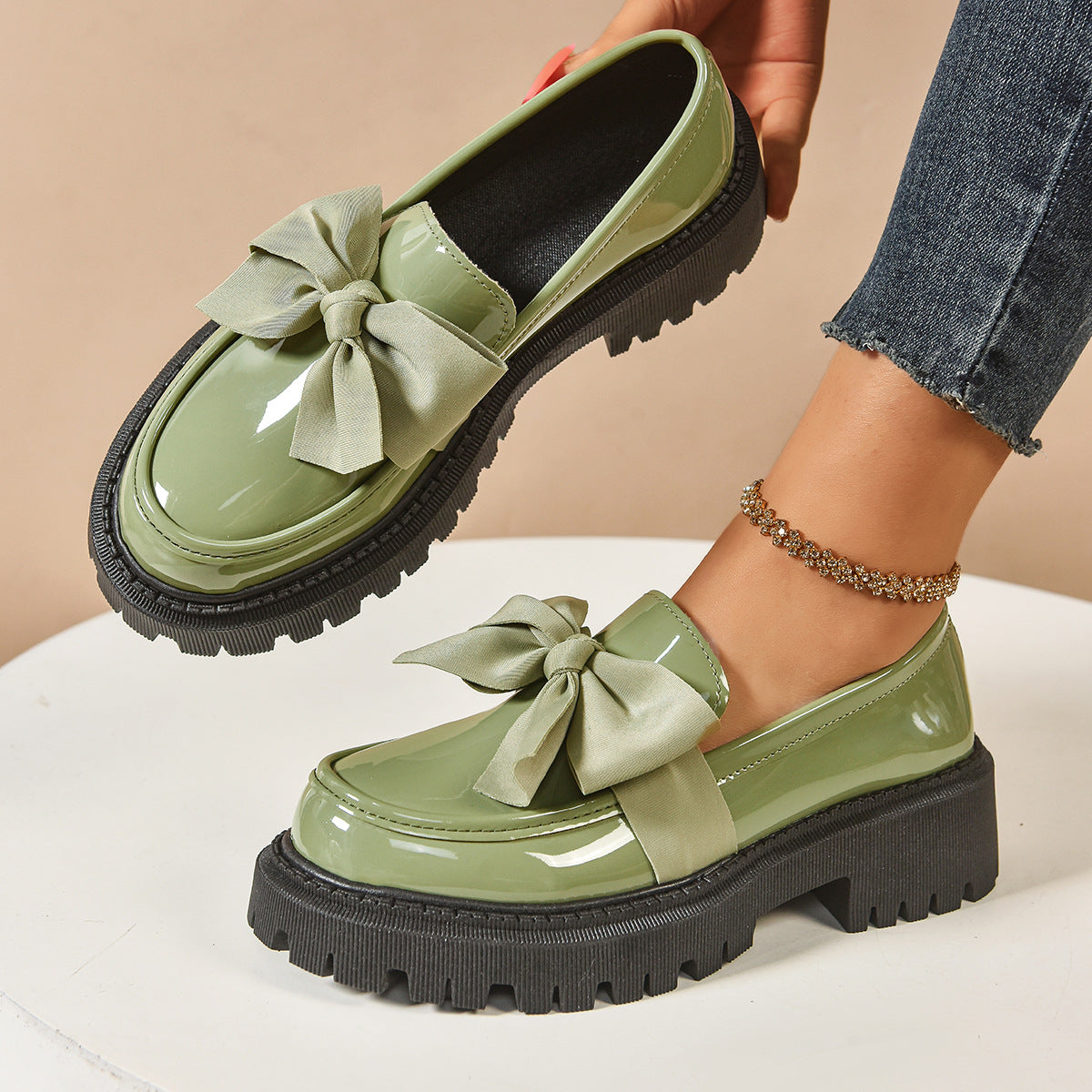 Fuli- Elegant Solid Color Bowknot Slip-On Loafers