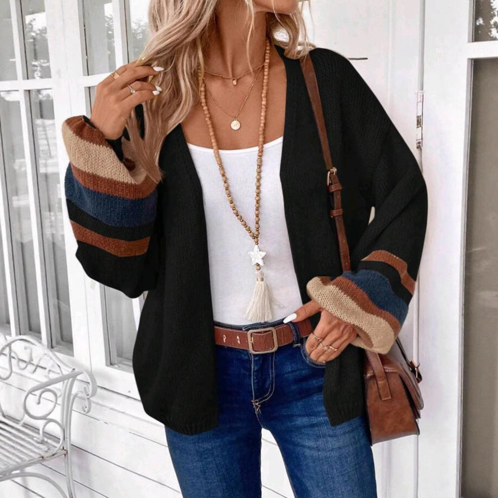Janthe - Comfy Open Front Striped Lantern Sleeve Cardigan
