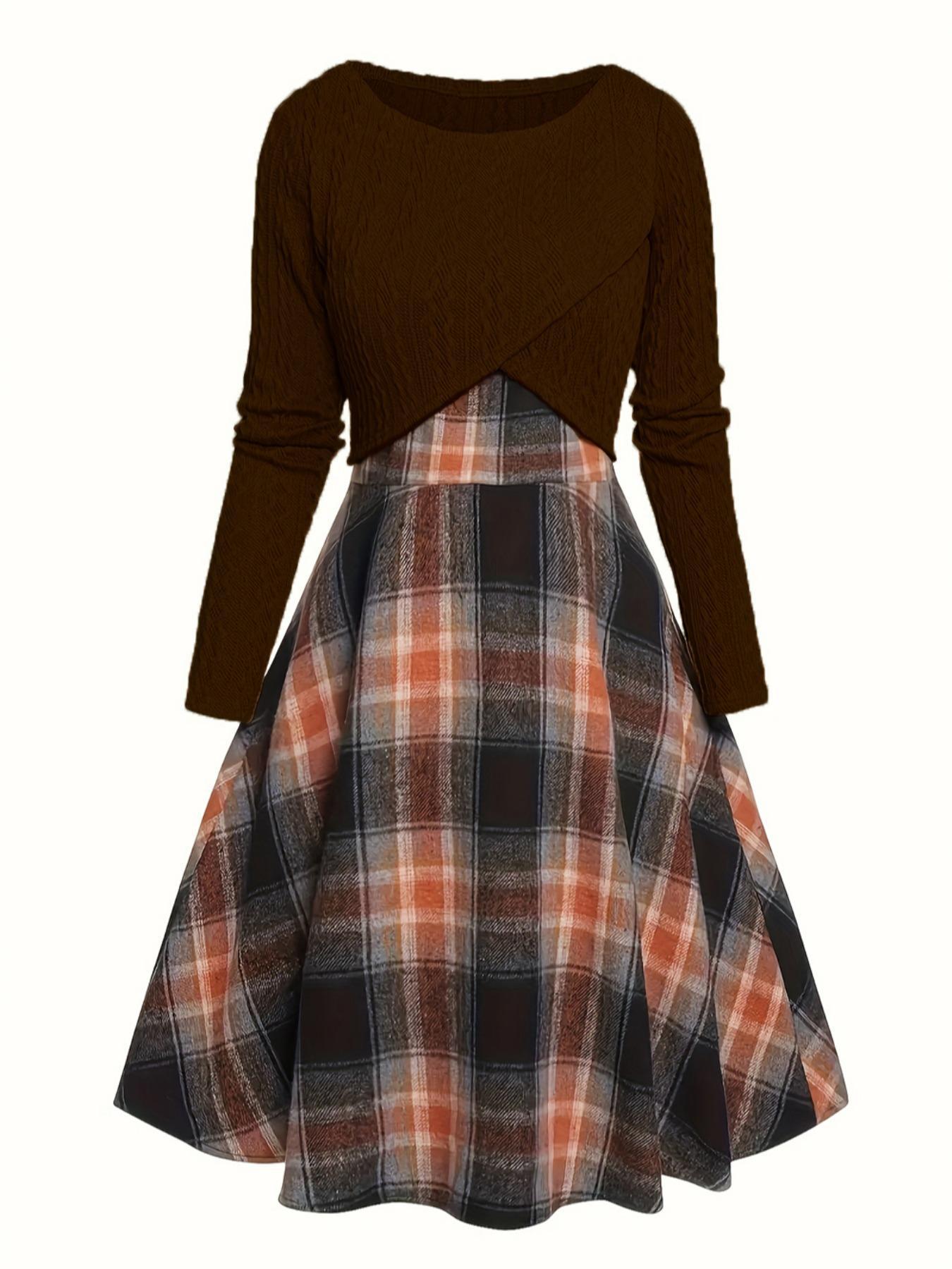 Jory - Vintage Round Neck Long Sleeve Crop Top and Plaid Dress
