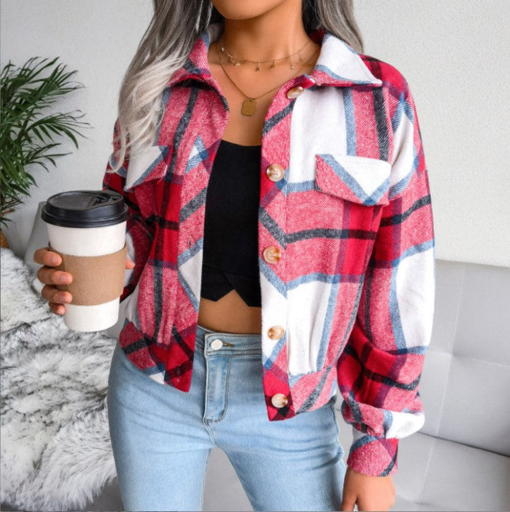 Wala - Casual Plaid Button Front Long Sleeve Jacket