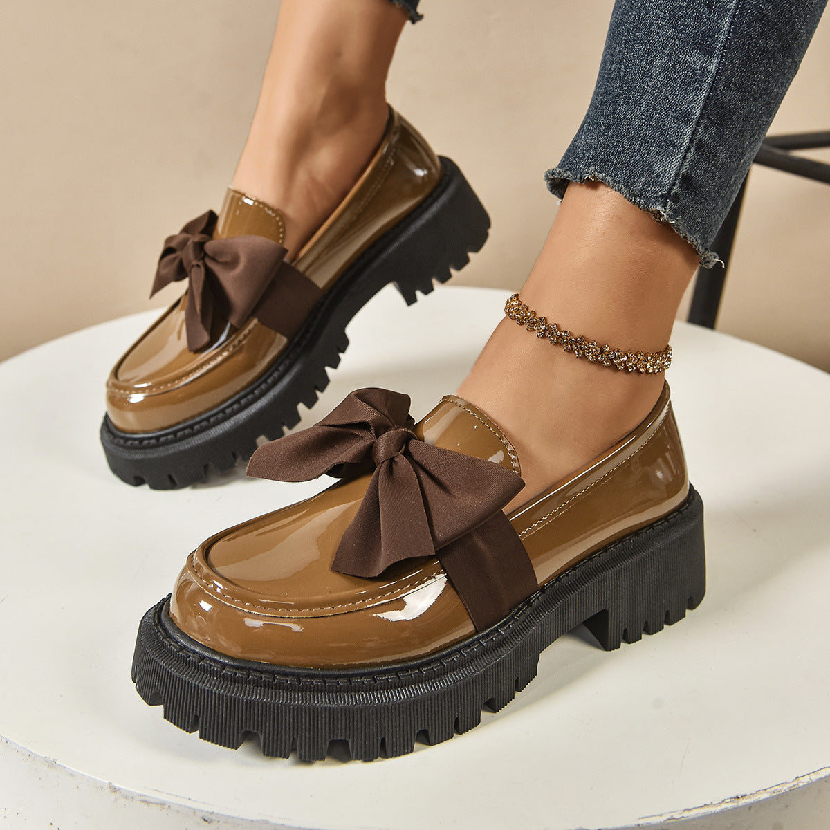 Fuli- Elegant Solid Color Bowknot Slip-On Loafers