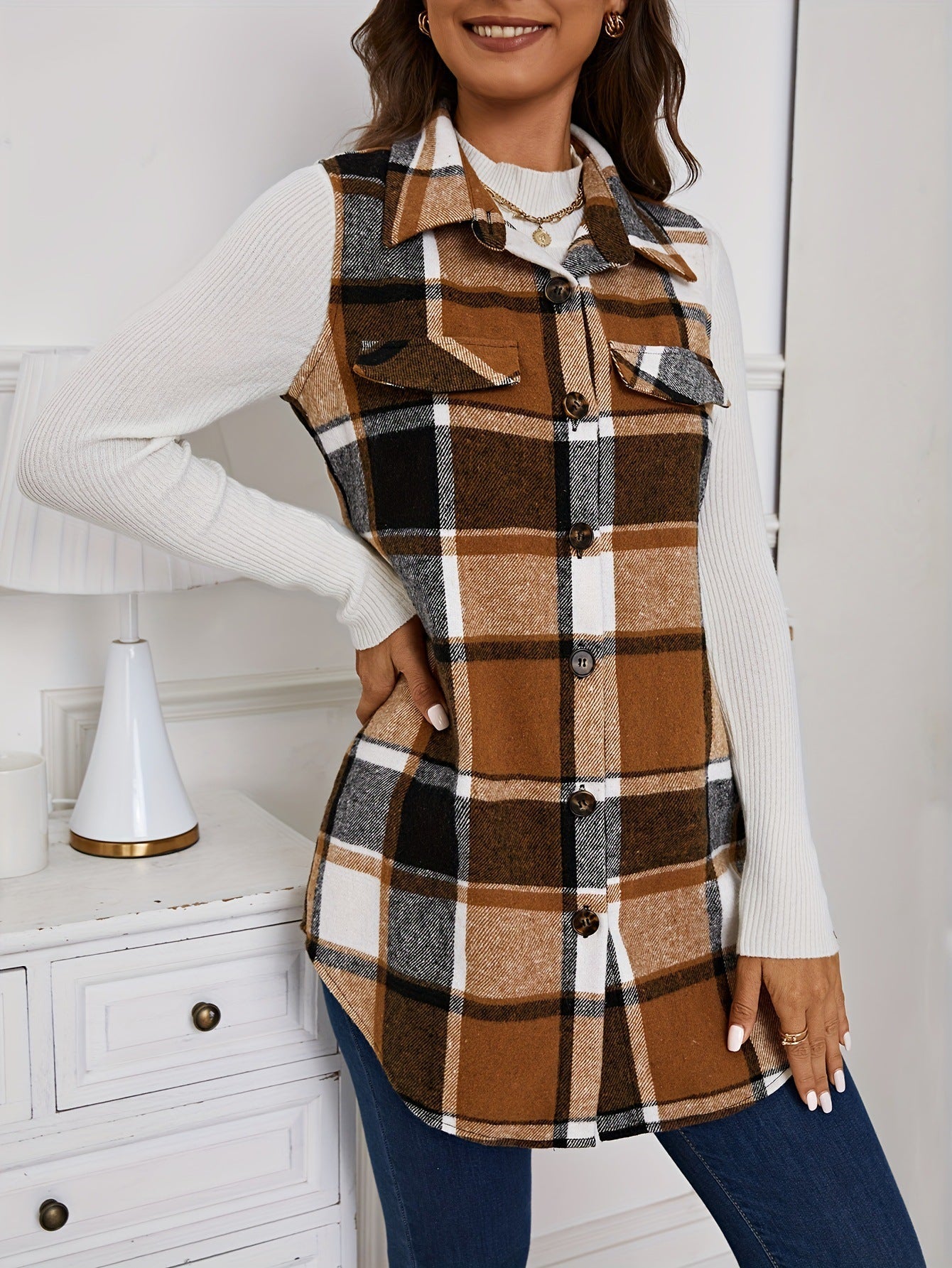Delila – Casual Button-Front Collared Vest Coat