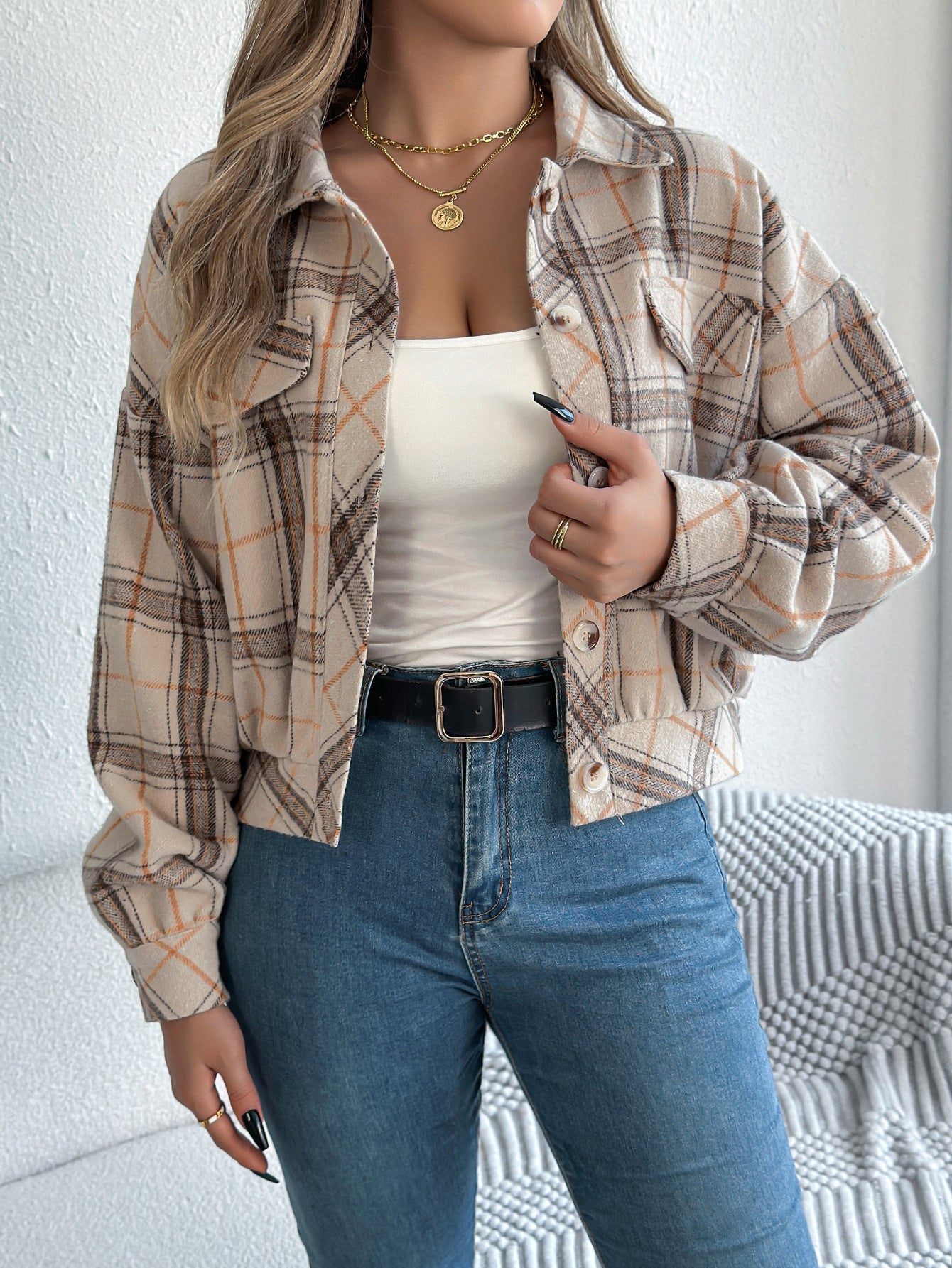 Zabel - Casual Plaid Button Front Long Sleeve Jacket