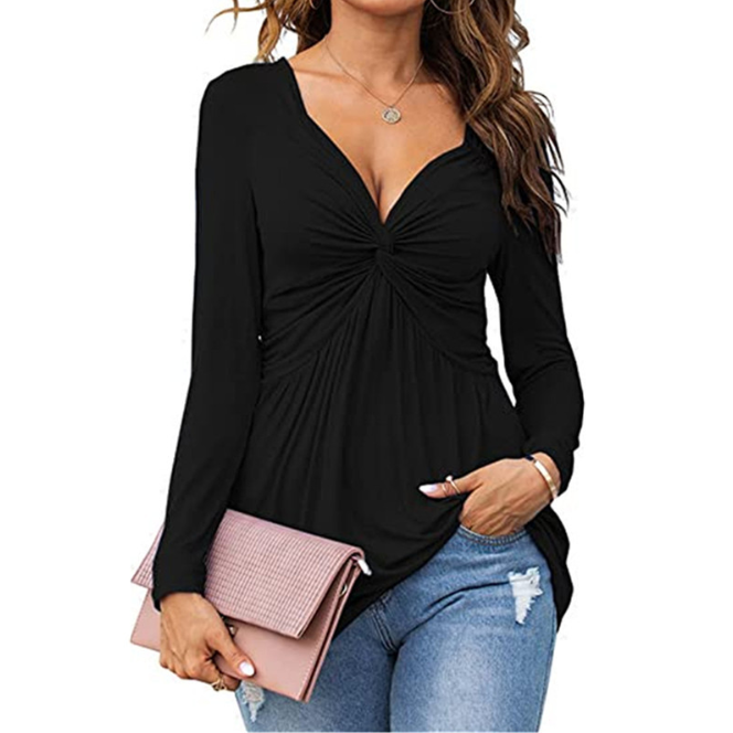 Emma - Casual V-Neck Front Knotted Blouse with Long Sleeves