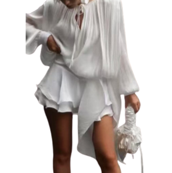 Sara - Ruffle Skirt Two-Piece with Lantern Sleeves & Tie-up Front