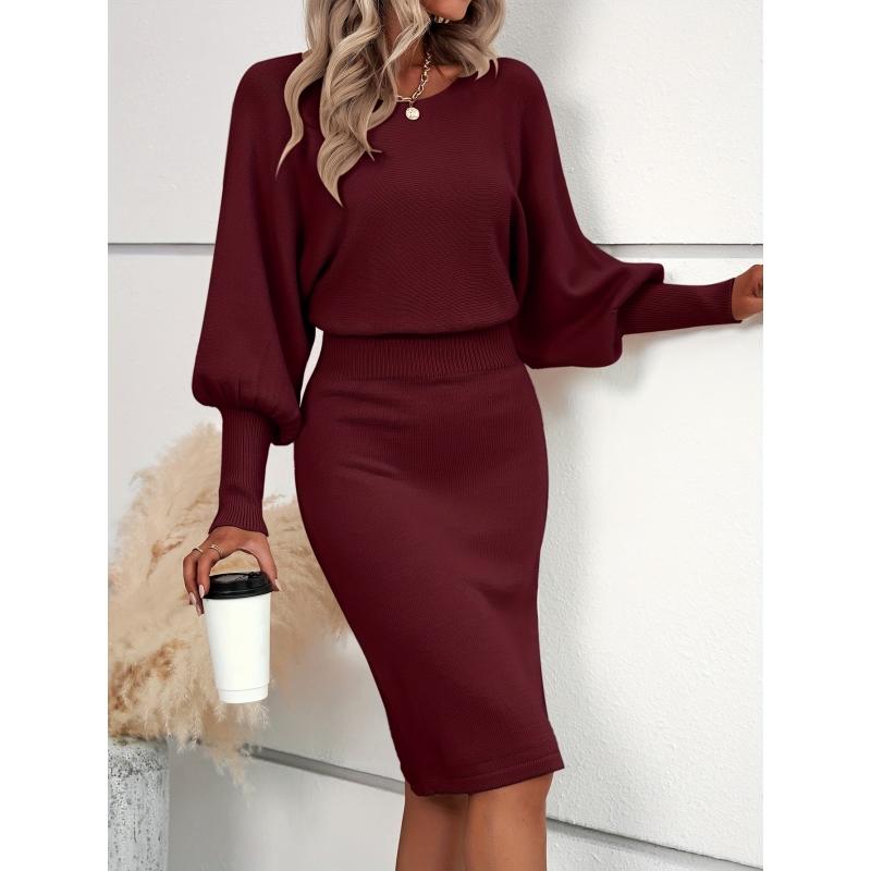 Leah - Elegant Waisted Sweater Dress with Lantern Sleeves