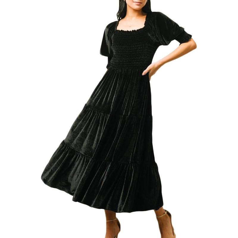 Audrey - Square Neck Puff Sleeve A-Line Midi Dress for All Occasions