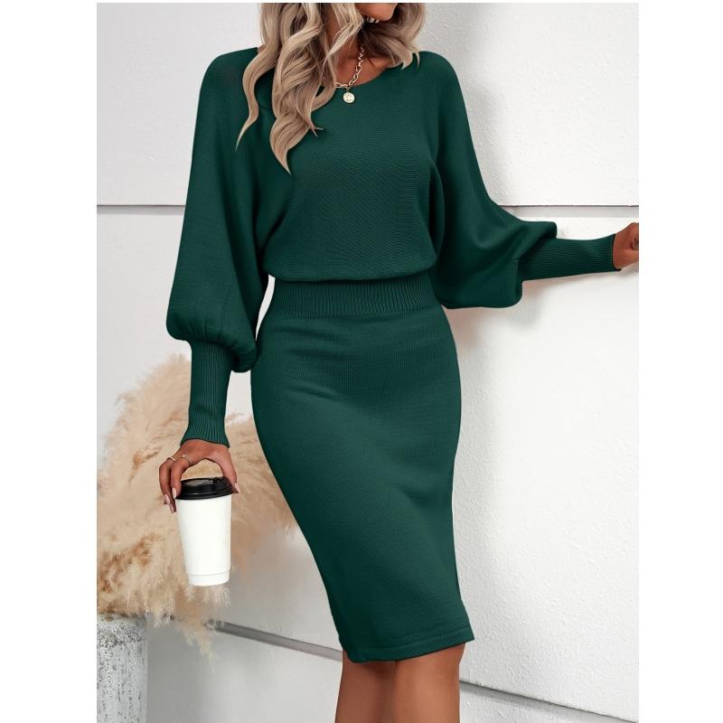 Leah - Elegant Waisted Sweater Dress with Lantern Sleeves