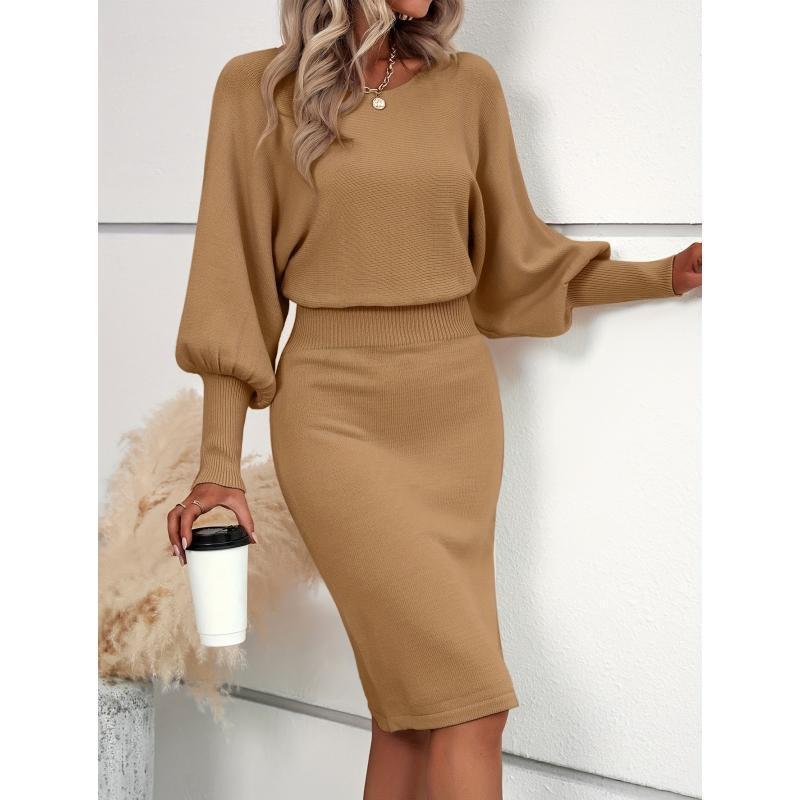 Leah - Elegant Waisted Sweater Dress with Lantern Sleeves