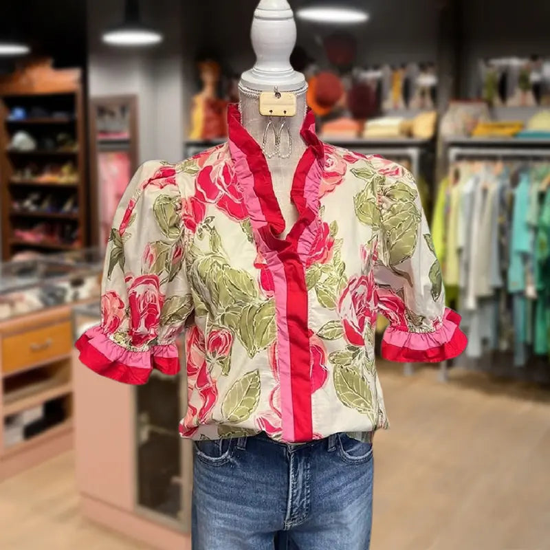 Alitzel - Everyday Sweet Ruffle Stripe Floral Top