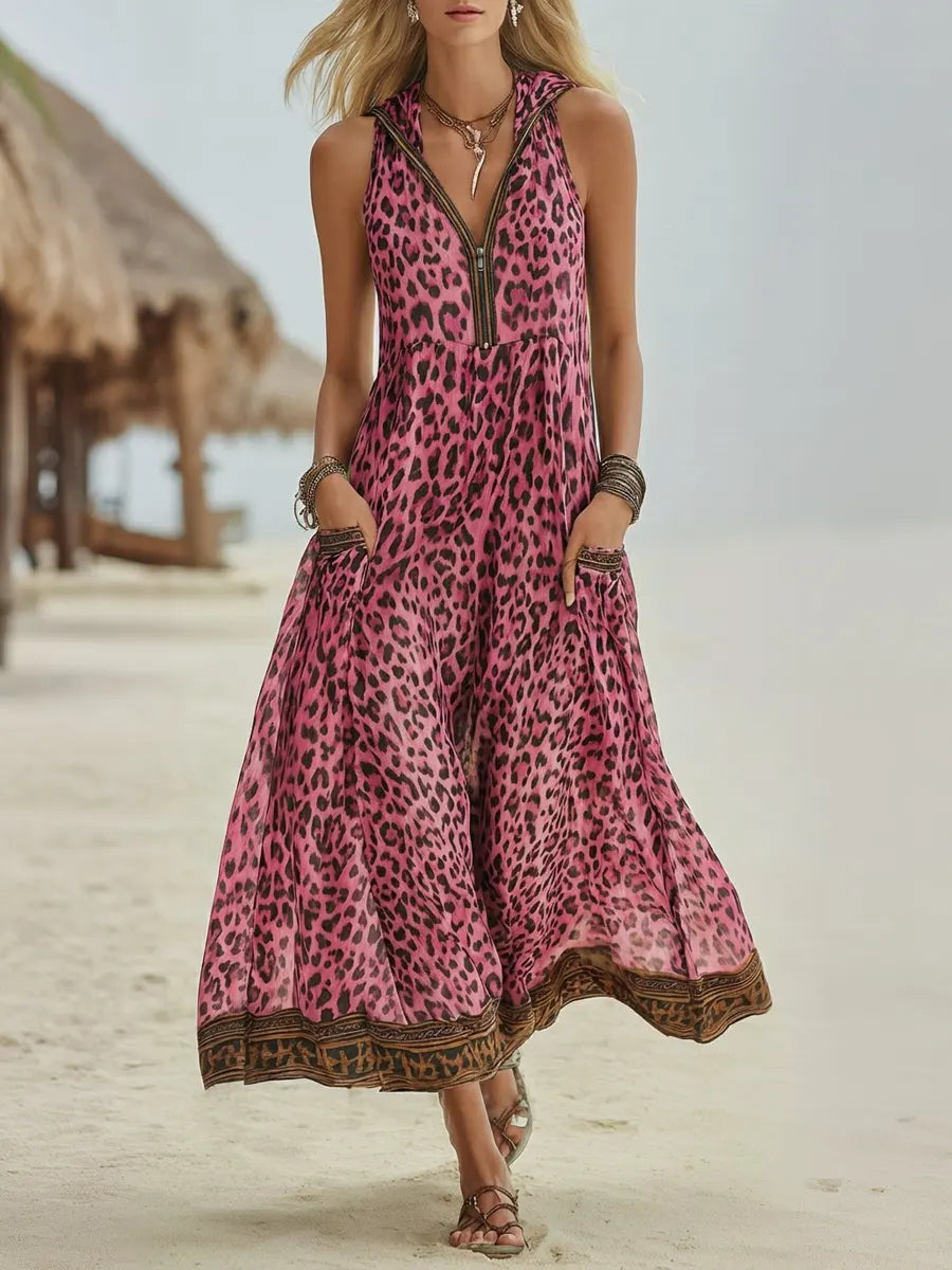 Sloane - Retro Green Leopard Hooded Midi Dress
