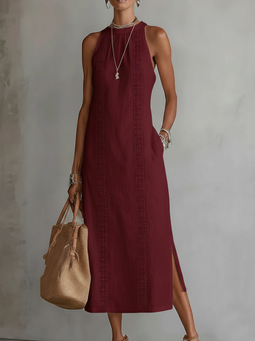 Glacier - Linen Midi Dress with Mao Collar