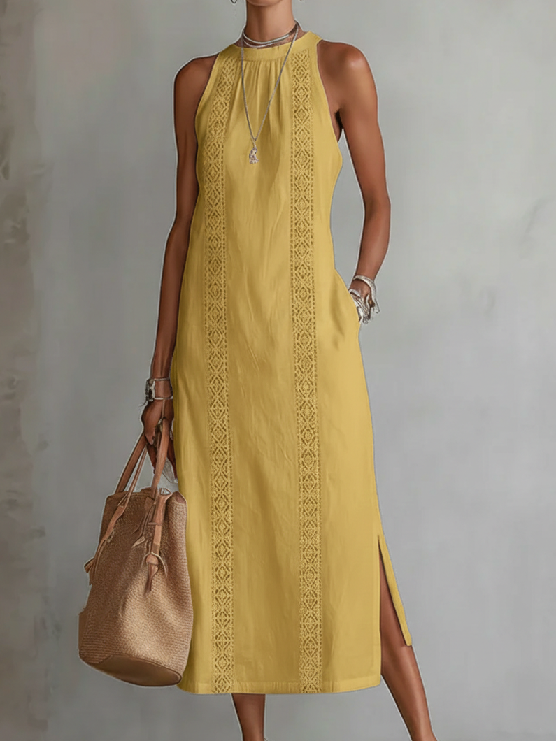 Glacier - Linen Midi Dress with Mao Collar