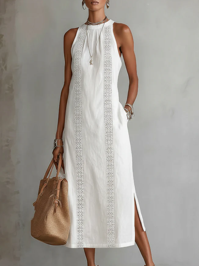 Glacier - Linen Midi Dress with Mao Collar