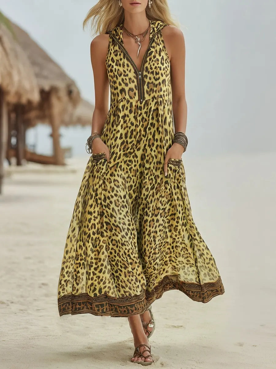 Sloane - Retro Green Leopard Hooded Midi Dress