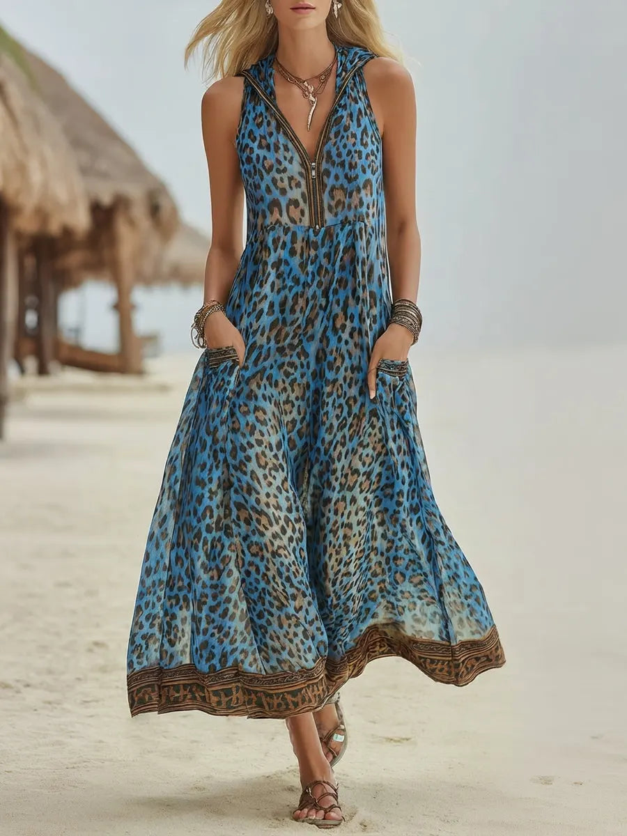 Sloane - Retro Green Leopard Hooded Midi Dress