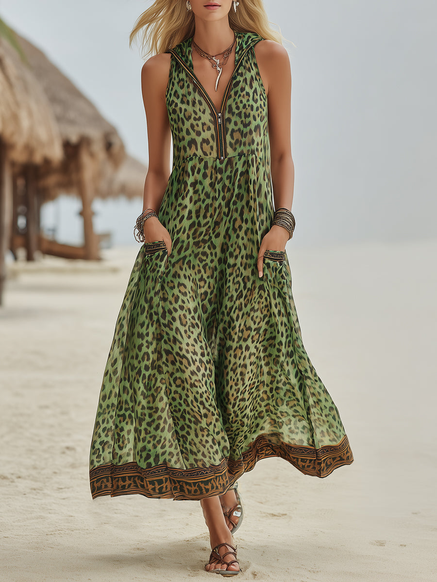 Sloane - Retro Green Leopard Hooded Midi Dress