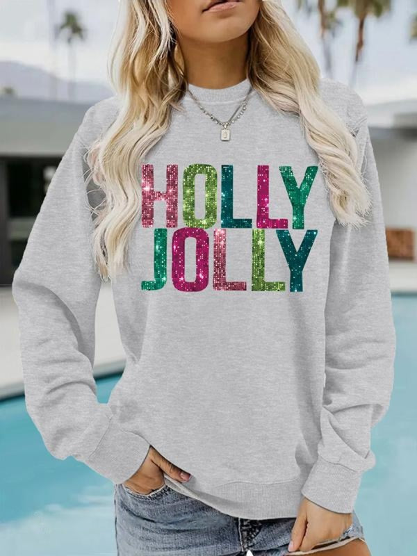 Eva - Glitter Letter Print Round Neck Sweatshirt for Fall & Winter