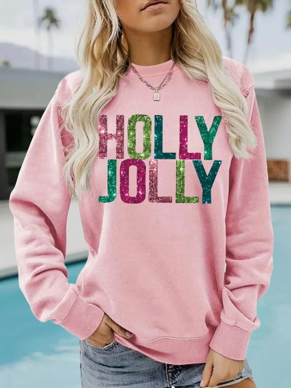 Eva - Glitter Letter Print Round Neck Sweatshirt for Fall & Winter