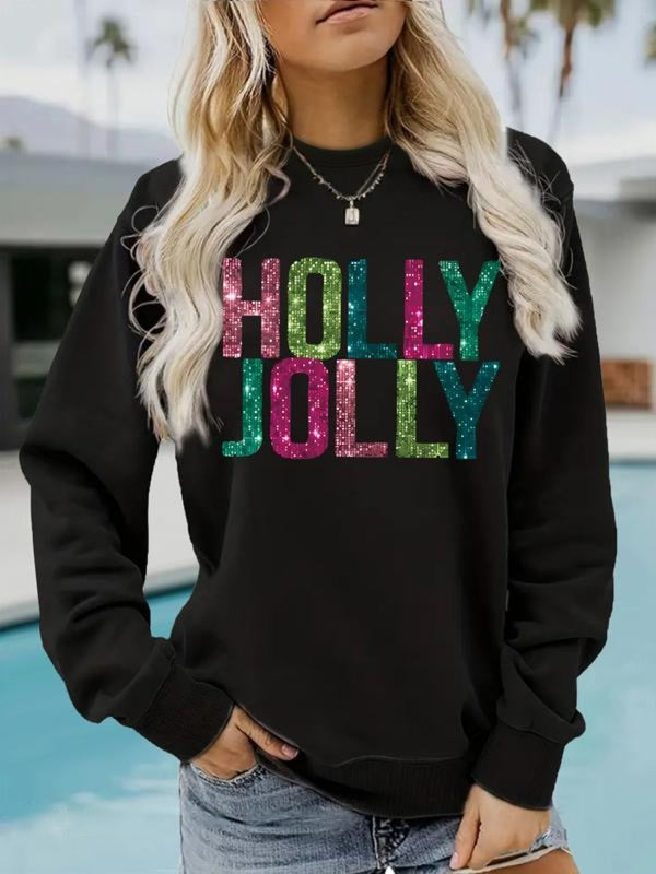 Eva - Glitter Letter Print Round Neck Sweatshirt for Fall & Winter